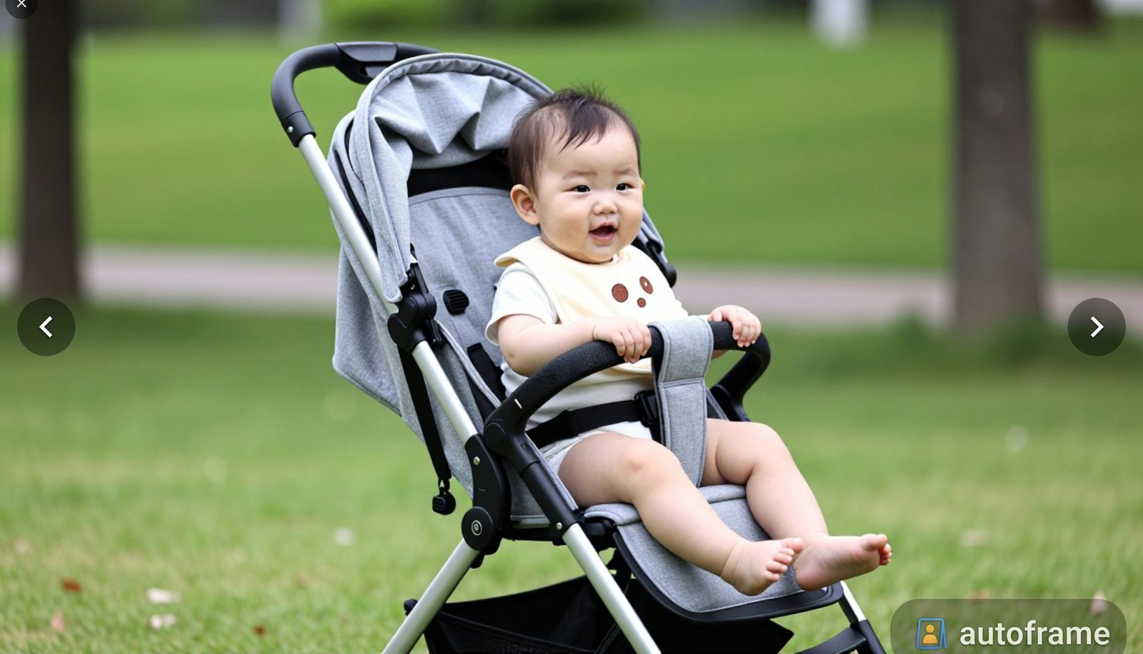 The AutoFrame slideshow running full screen on a tablet, showing a baby sitting in a stroller